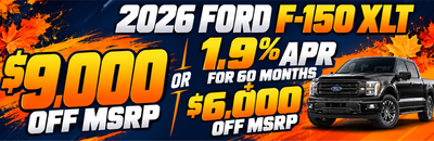 2026 Ford F-150 XLT, offering $9,000 off MSRP or 1.9% APR for 60 months plus $6,000 off MSRP. Features an image of a black Ford F-150 and a 'Shop Now' button.