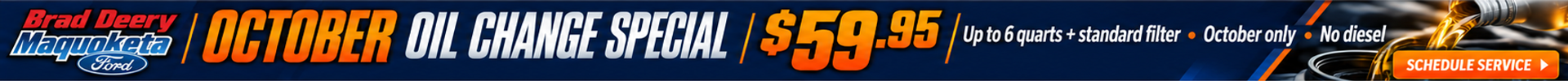 October oil change special for $59.95, including up to 6 quarts of oil and a standard filter. Offer valid in October only; diesel vehicles excluded. Features oil being poured into an engine and a 'Schedule Service' button.