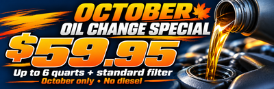 October oil change special for $59.95, including up to 6 quarts of oil and a standard filter. Offer valid in October only; diesel vehicles excluded. Features oil being poured into an engine and a 'Schedule Service' button. 