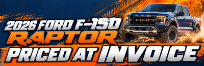 2026 Ford F-150 Raptor priced at invoice with a 'Shop now' button.' 