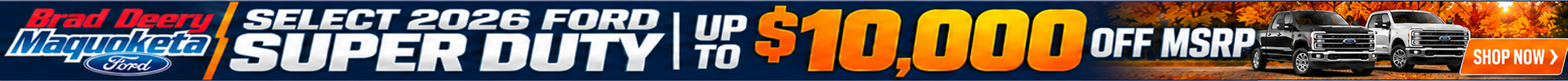 2026 Ford Super Dupt with a Up to $10,000 off MSRP and 'Shop Now' button.
